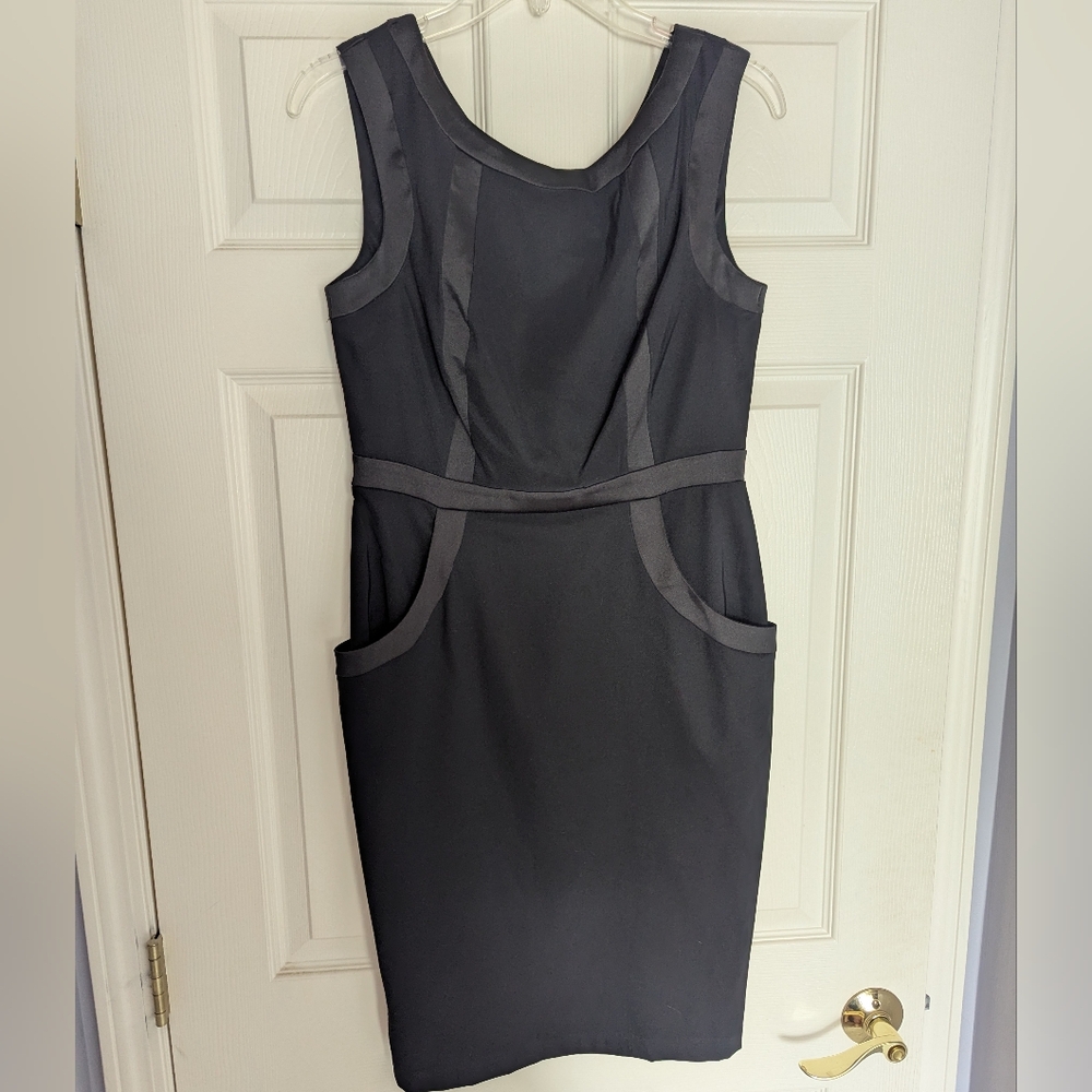 Black Midi Dress With Black Satin Details And Pockets